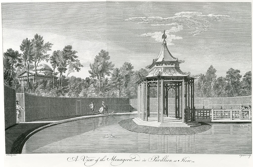 Lithograph of a pavilion on an island in a pond in a fenced enclosure