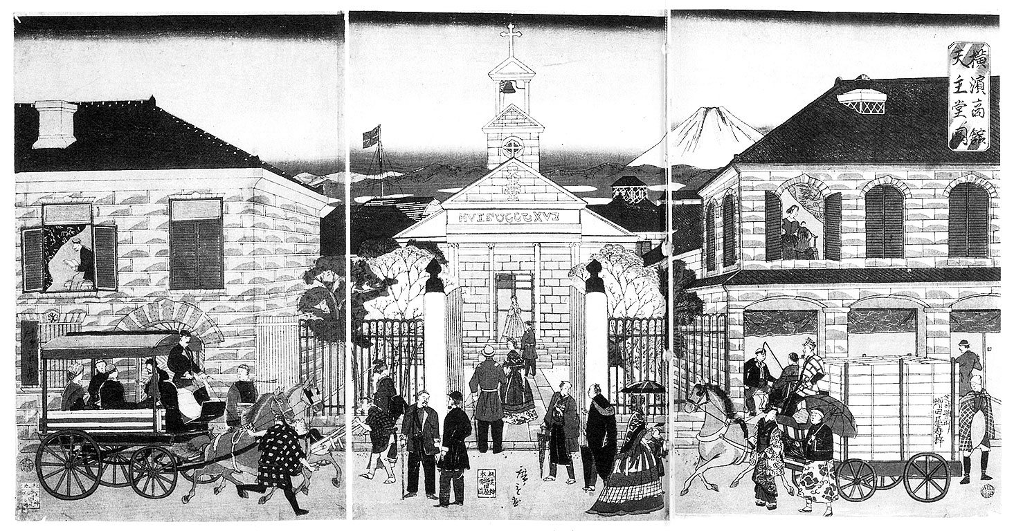 Triptych of black and white line drawings: left, a house with a carriage bearing people in front; center, people entering a church; right, a house with a carriage bearing some kind of cargo in front