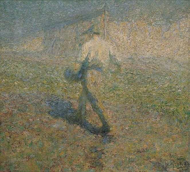 Impressionist painting of a man walking across a field, his back to the viewer.