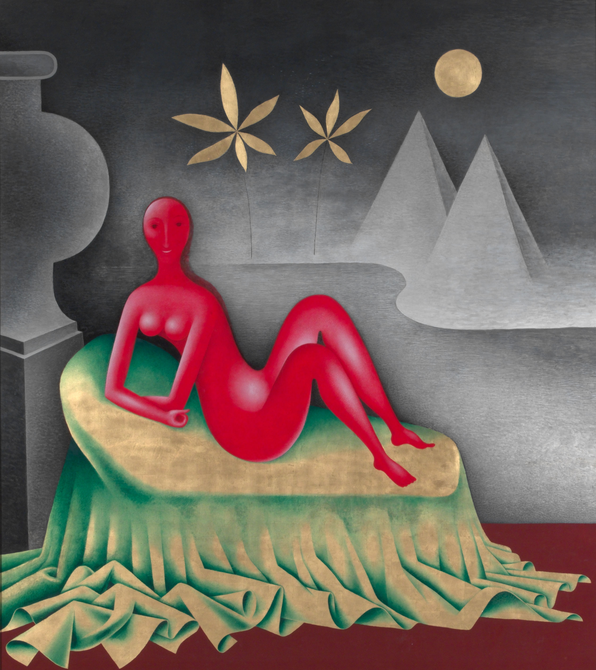 Abstract painting of a woman lounging on a fabric-draped chaise longue, a vase to the viewer's left and pyramids and palm trees in the background