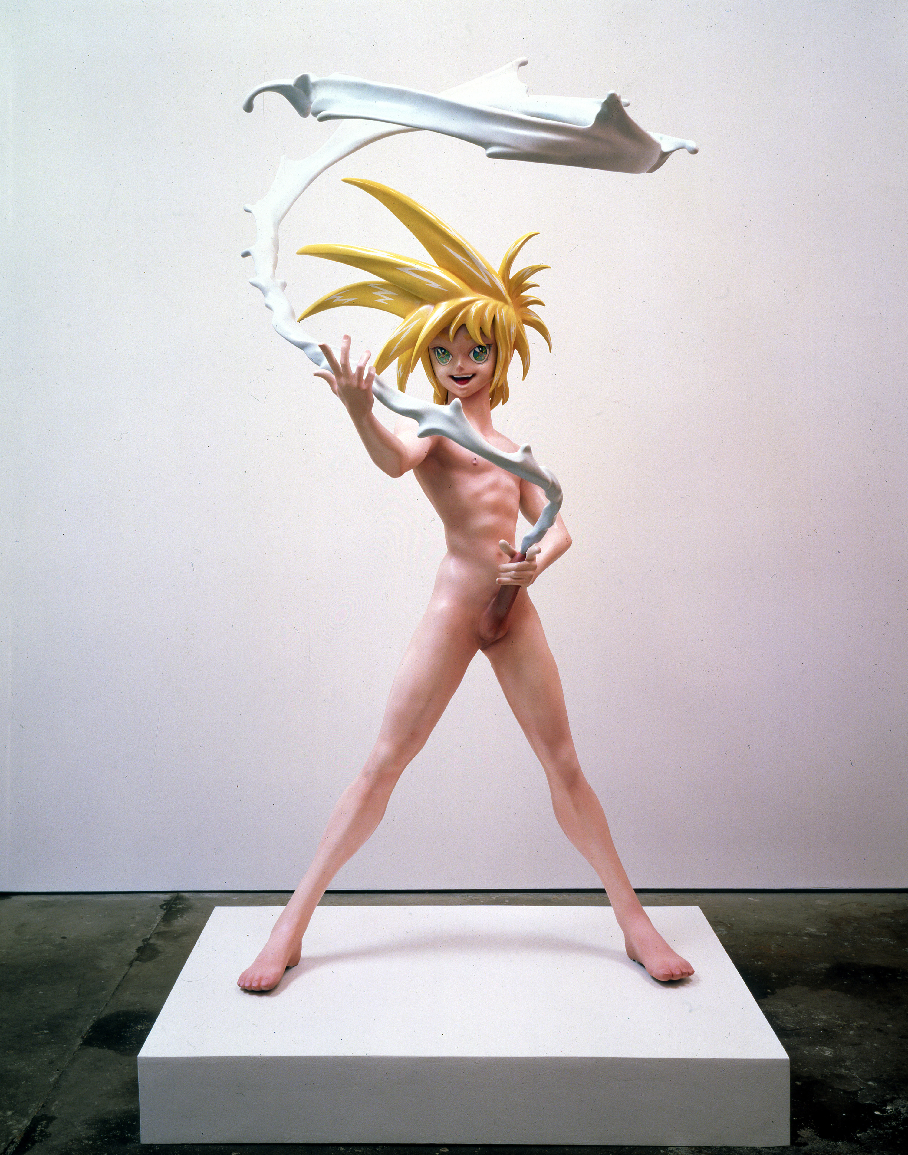 statue of a naked man with anime features in a wide stance, grasping his ejaculating penis