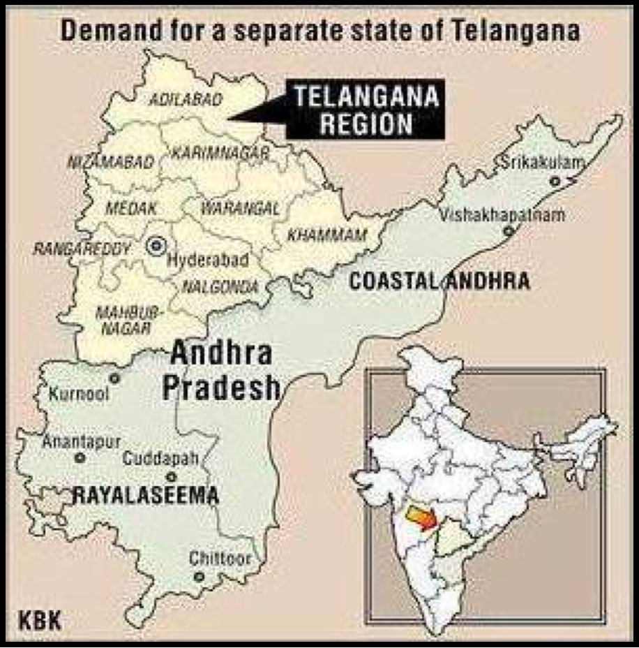 Map of south-central India with Andra Pradesh and proposed Telengana state