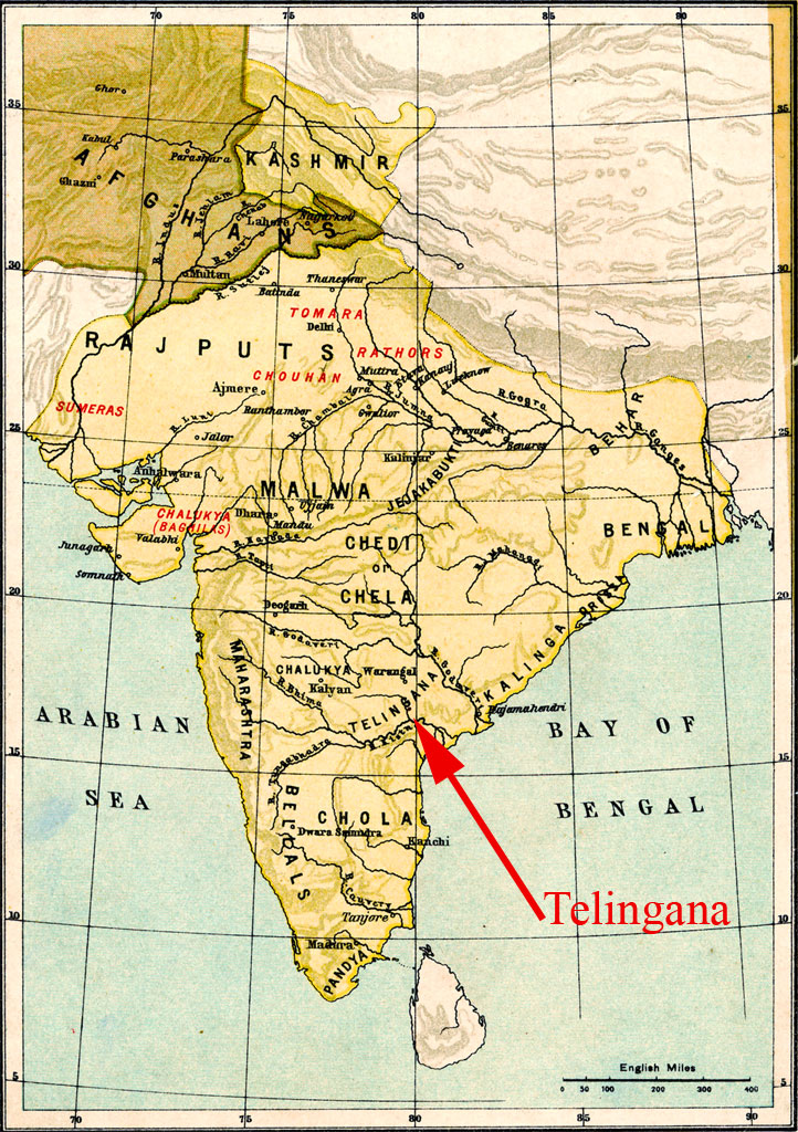 Map of India with red arrow pointing to 'Telingana'