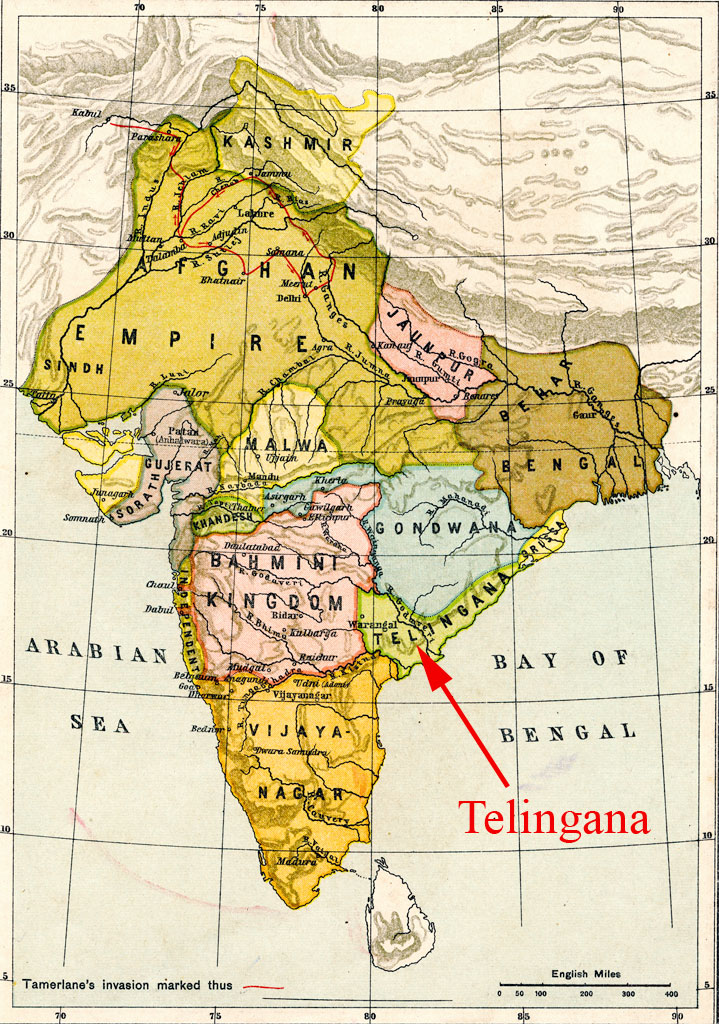 Map of India with red arrow pointing to 'Telingana'