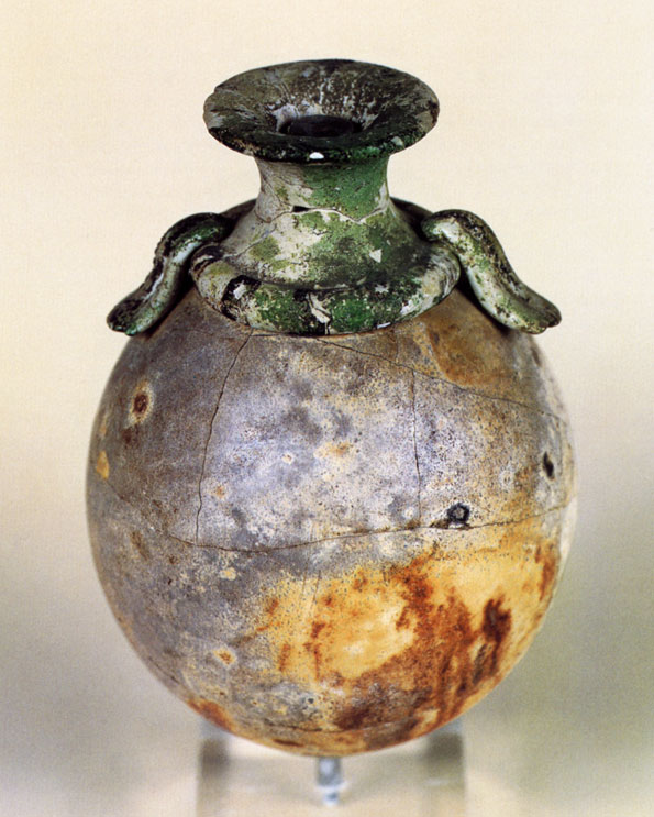 Oval vase with green neck and shoulders