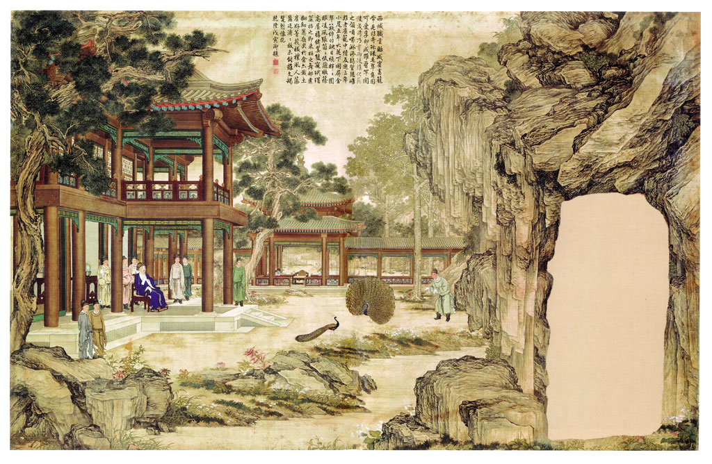 Qianlong and his attendants watch two peacocks