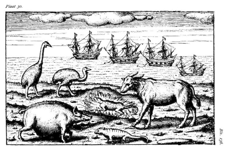 Black and white drawing or print of various animals on the shore, four ships in the background
