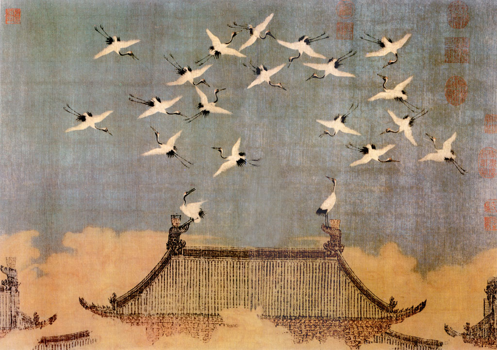 Twenty cranes flying over a roof