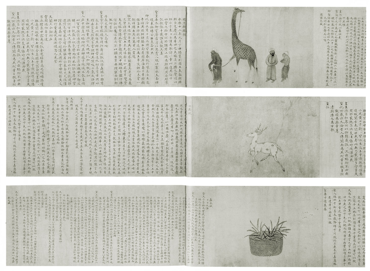 Three spreads from a book: at the top, Chinese text on the left, three men standing, one holding the leash of a giraffe on the right; in the middle, Chinese text on the left, an antelope or deer trotting leftward on the right; at the bottom, Chinese text on the left, a basket of branching stalks, probably some kind of grain, on the right