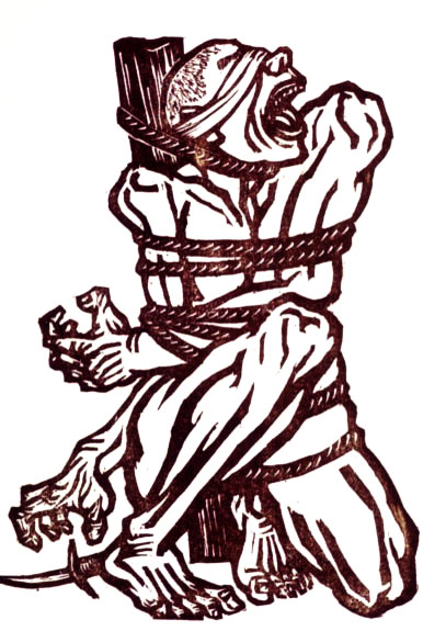 Woodcut, blindfolded man bound to a post, his mouth open in a roar, reaching for a knife on the ground by his right foot