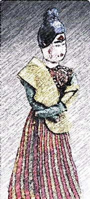 Sketch of a female figure in a yellow shawl and red-and-yellow-striped skirt, shown from the knees up, looking to the right