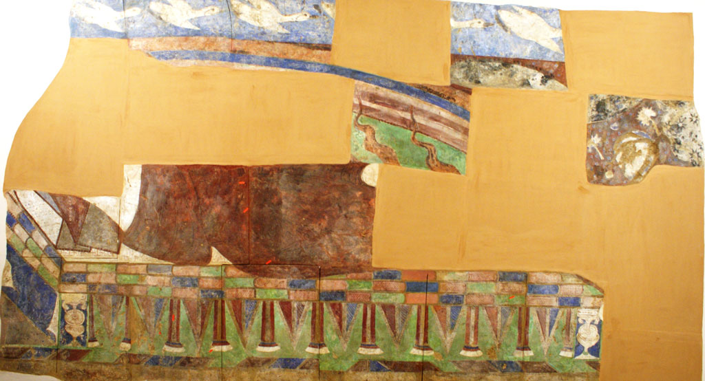 Partial wall painting; white birds, possibly a rainbow, the feet of some columns
