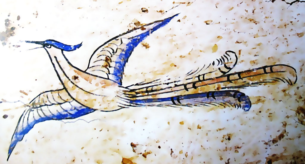 Wall painting, a blue and white bird flying to the left