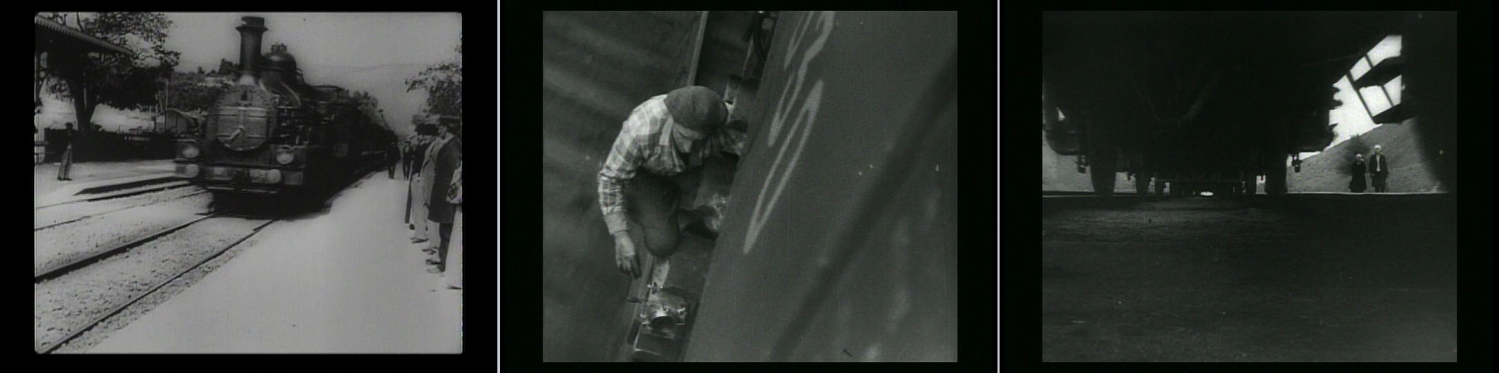 three till images: locomotive, man in beret crouching next to a train car, undercarriage of a train car with two people in the background