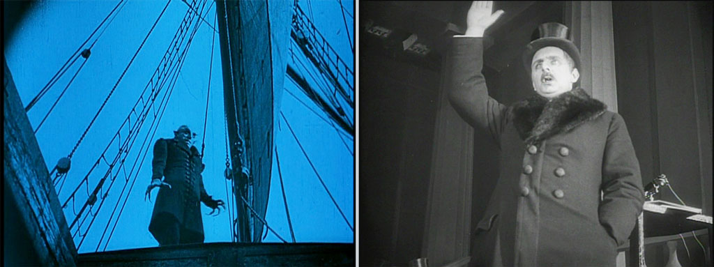 On the left, a vampire and ship's rigging, shot from below; on the right, a man in a coat and top hat with raised right arm