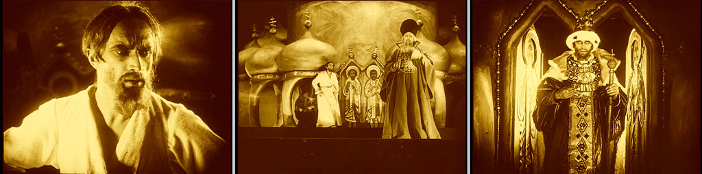 triptych: man shown from the shoulders up; man in priest-ish robes on a stage; man in royal robes holding a scepter