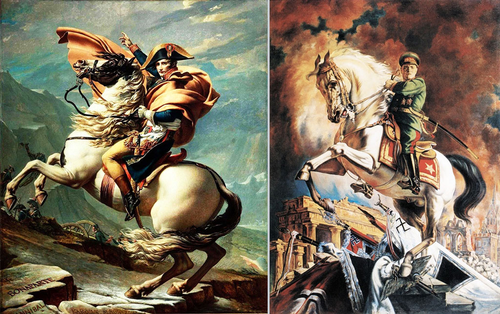 Left: Napoleon on a rearing horse; Right: Marshal Zhukov on a rearing horse, atop fallen Nazi banners
