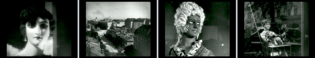 four black and white movie stills: a woman's head, a cityscape, a mannequin in a wig, a mannequin seated at a sewing machine