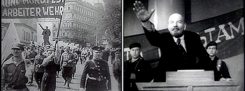 Left: Men marching in Germany; Right: Lenin at a podium, his right arm raised