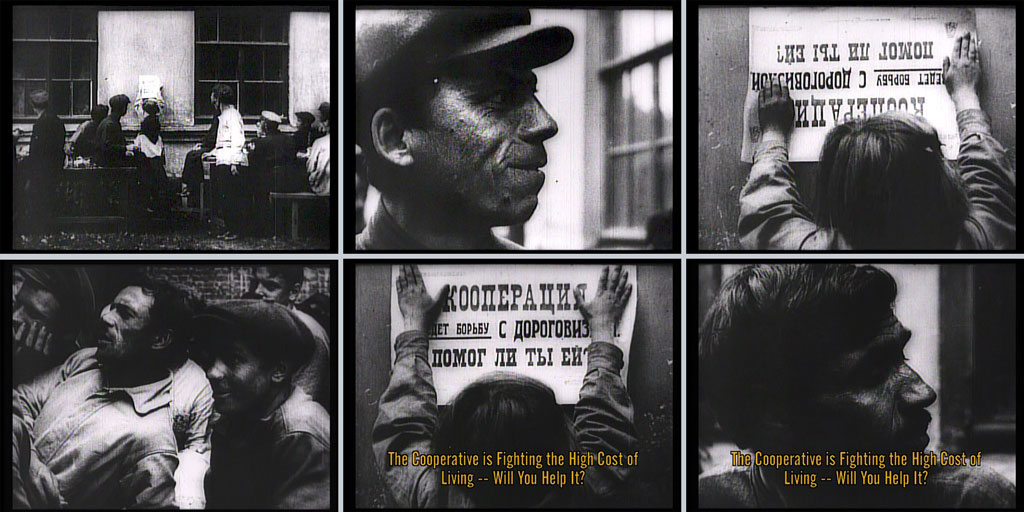 Six film stills depicting a child hanging a poster and men reacting. Subtitle: The Cooperative is Fighting the High Cost of Living -- Will You Help It?