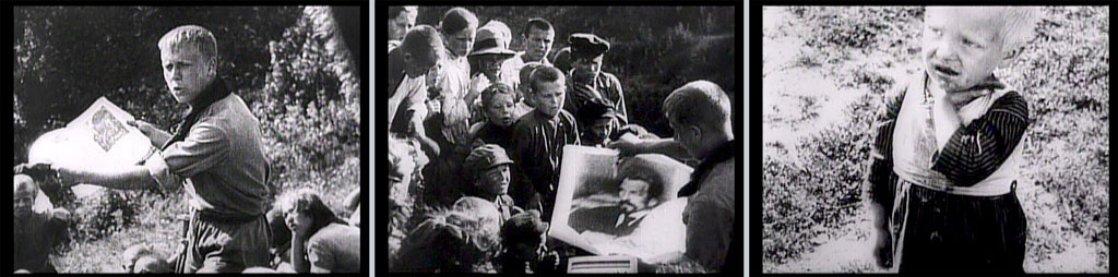 Three stills: boy reading from a magazine; boy showing a picture of a bearded man to a group of children; blond toddler standing, facing left