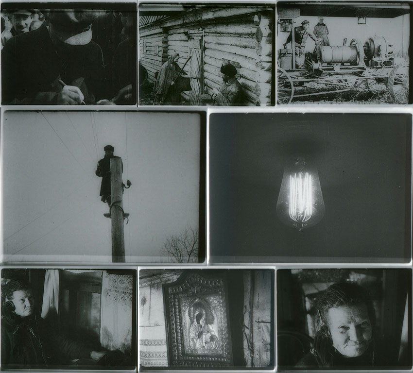 8 miscellaneous movie stills: man writing; two people outside a cabin; two people with an ancient tractor; man atop a post; light bulb; person wearing earphones; icon