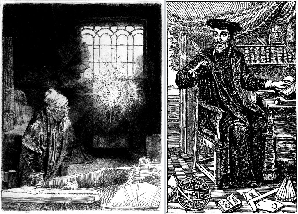 Left: engraving of a man standing at a desk, looking toward a glowing circle with letters in; Right: engraving of Nostradamus holding a quill, seated, facing left
