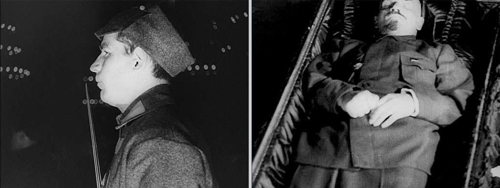 Left: Man shown in profile, facing left, from the shoulders up; Right: man in coffin