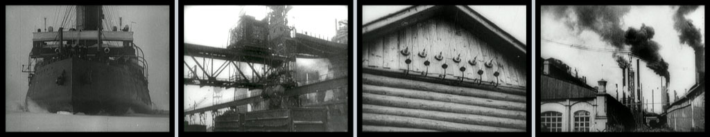 Four stills: a ship, a cargo loading area, a house, a factory
