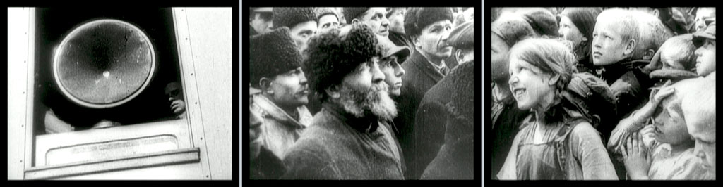 Three stills: a speaker in a window (?); a group of men in fur hats looking up and to the right; a group of children looking up and to the left