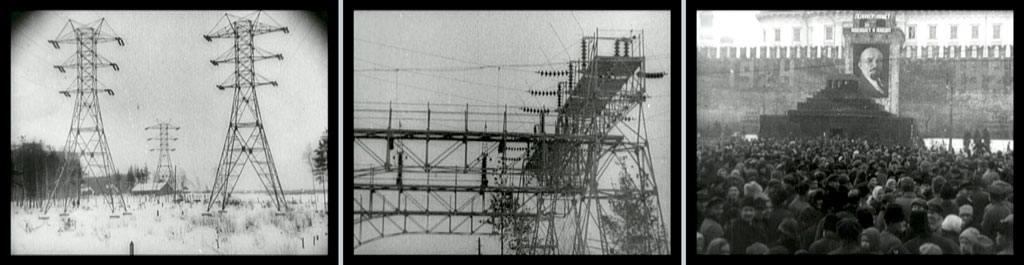 Three stills: electricity transmission tower; metal rigging at a power station probably; a crowd facing a high wall with a picture of Lenin, looks like maybe a political rally