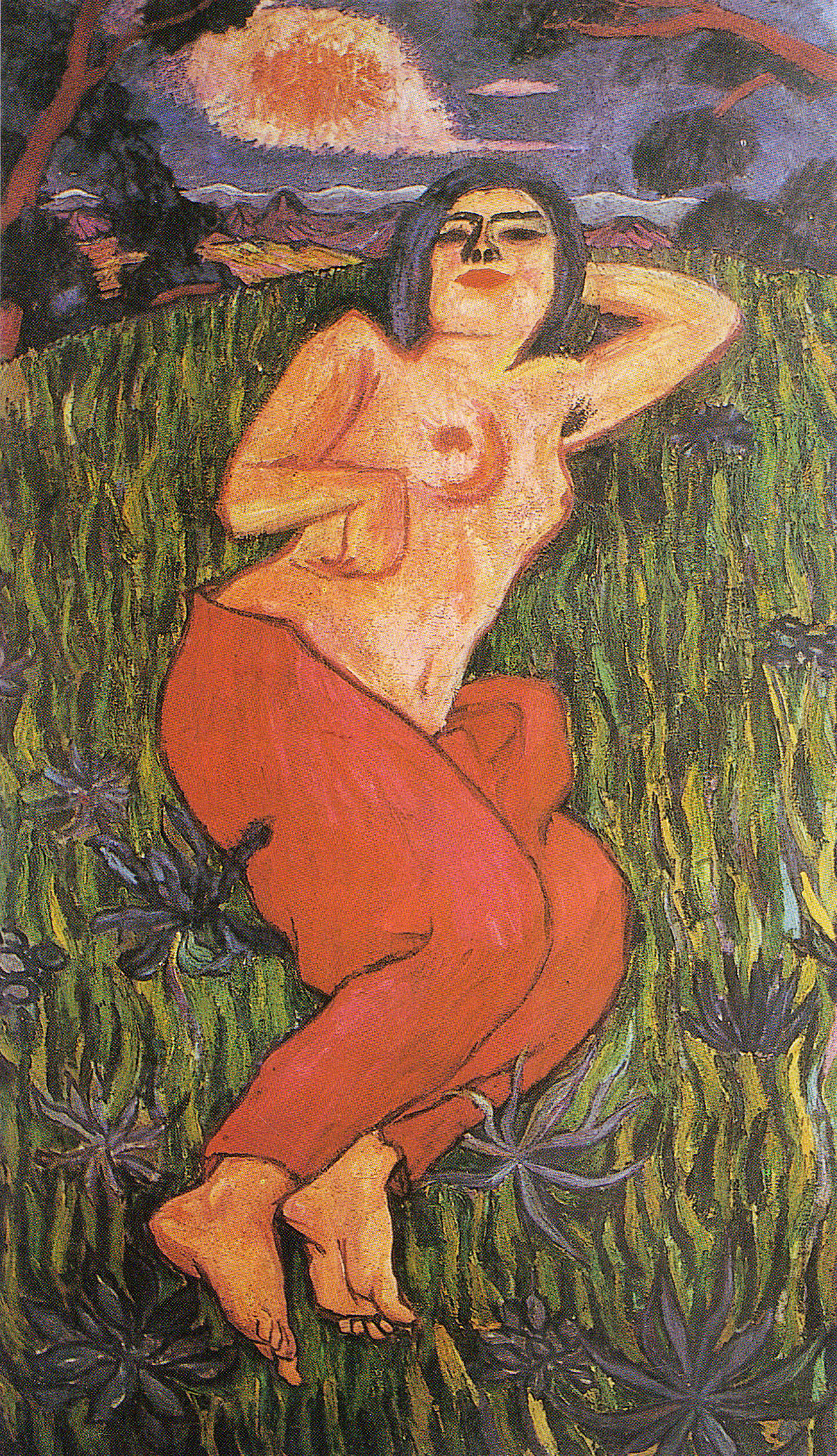 A woman lies in a field of flowers, with a red cloth covering her from hips to ankles.