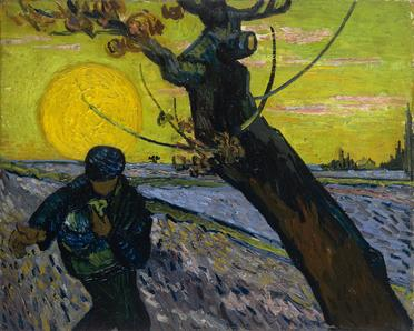 Van Gogh: The Sower. A man, seen from the knees up, walks toward the viewer, along a river.