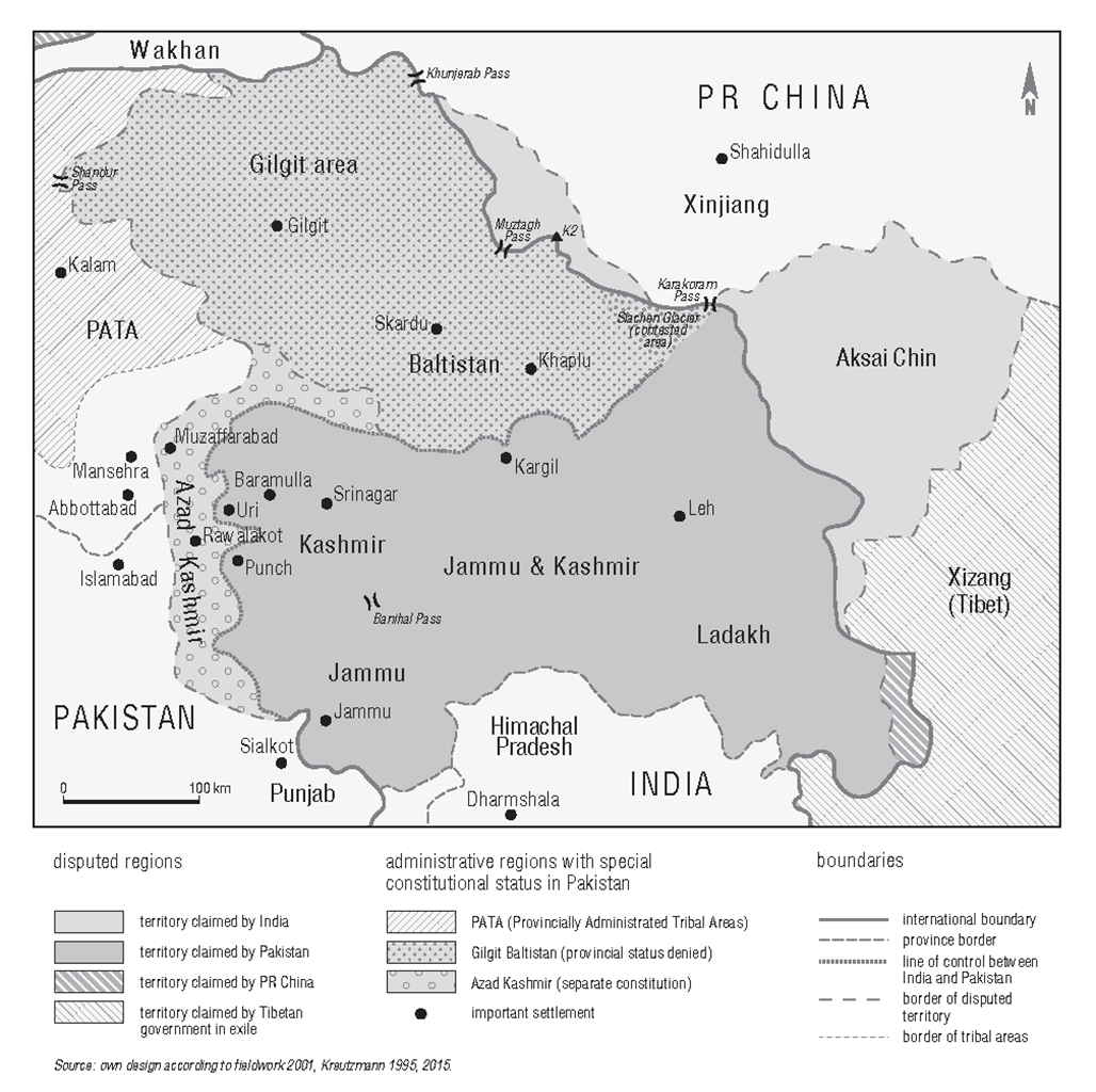 Map of the disputed territories of Kashmir including important settlements.