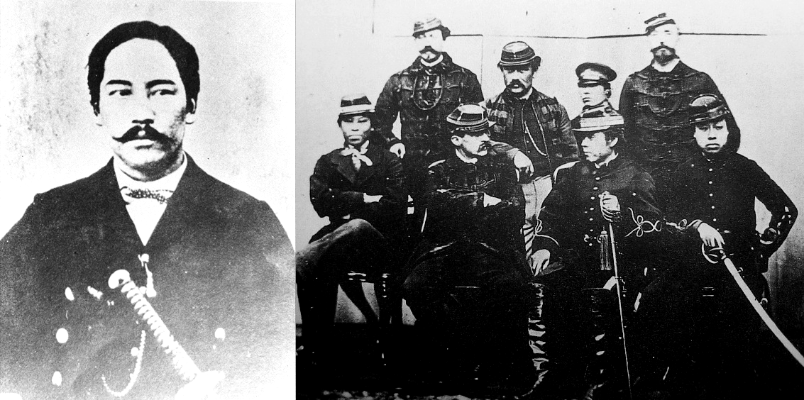 Photographs of Enomoto Takeaki (left) and several important figures of the “Ezo Republic” (right) including members of the French military mission.