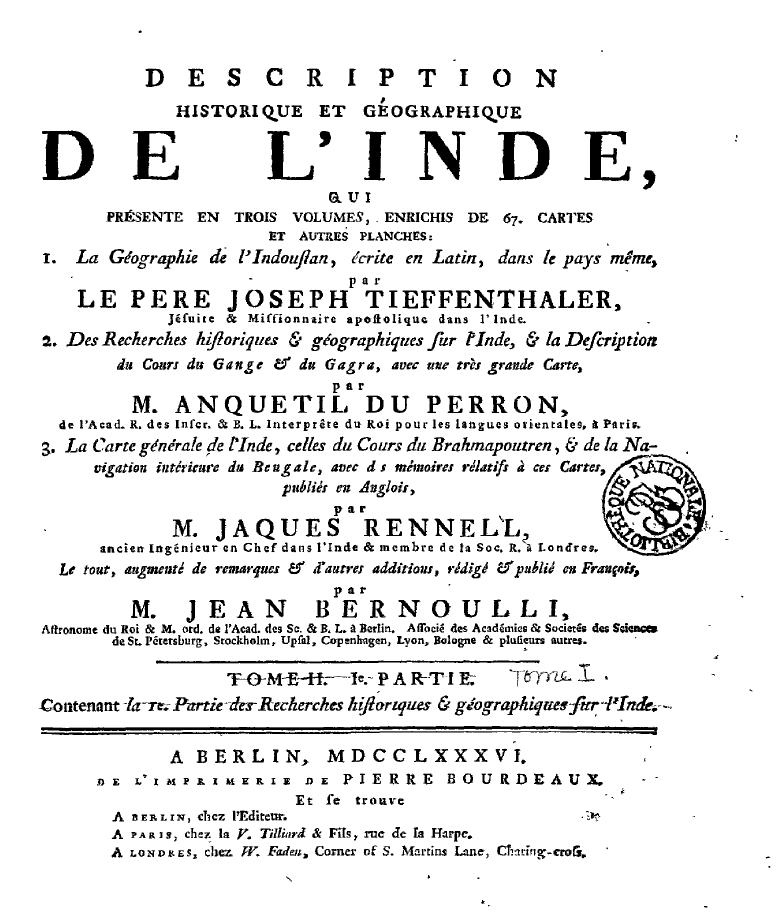 A scan of the cover of the work of Joseph Tieffenthaler