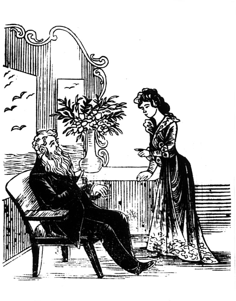 Line drawing: Man, seated, speaking to woman, standing