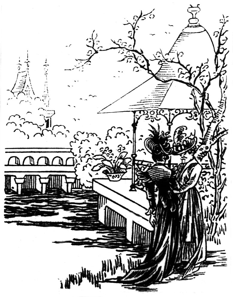 Line drawing: Two women standing, facing eachother, next to a pavilion